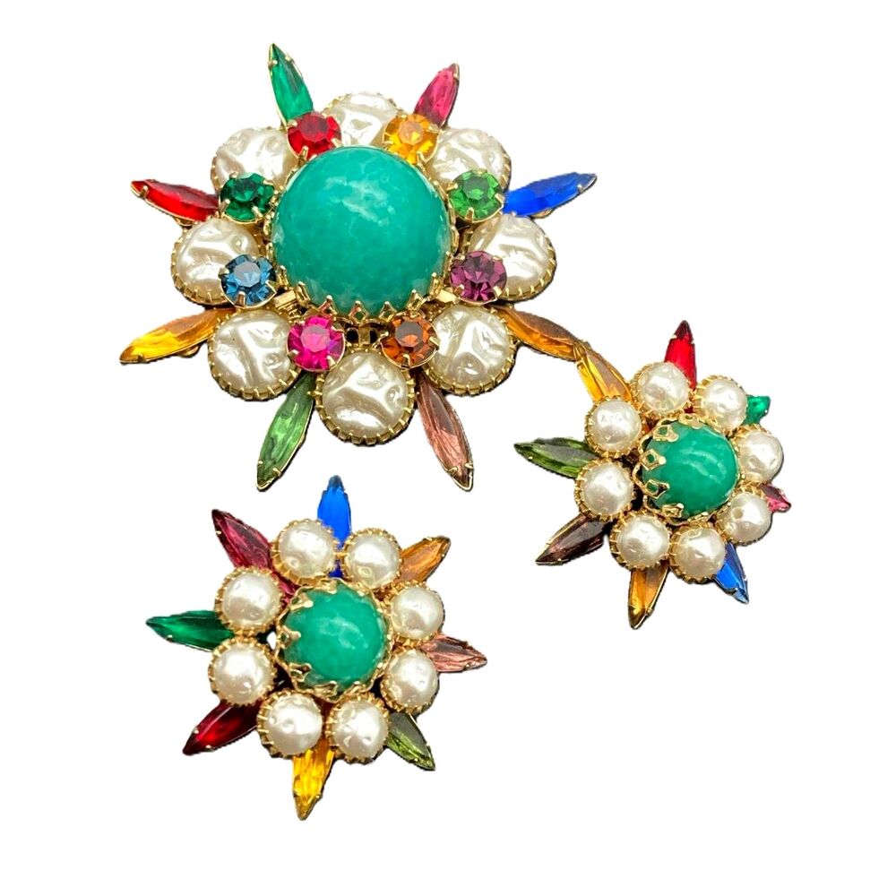 Judy Lee Multi Colored rhinestone starburst parure navette brooch set vintage